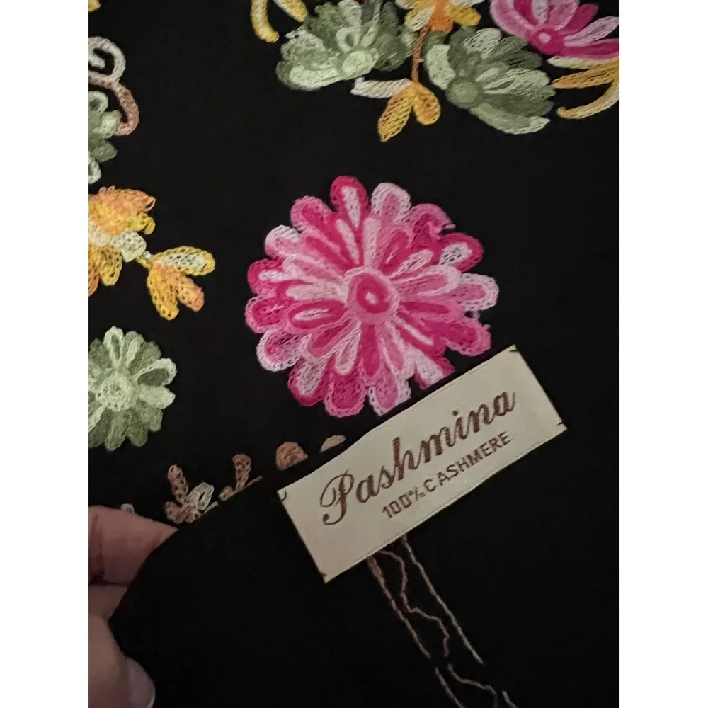 Pashmina 100% Cashmere Floral Embroidered Shawl Rebozo Black Fringe Wrap 65x25